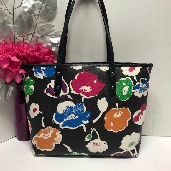 COACH Black Rainbow Floral City Zip Tote Purse Shoulder Hand Bag, Creed  # 37266 - Picture 3 of 14
